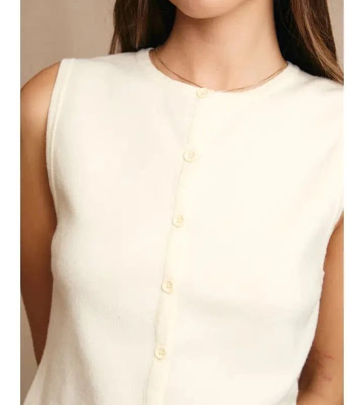 White Button Up Sleeveless Knit Top
