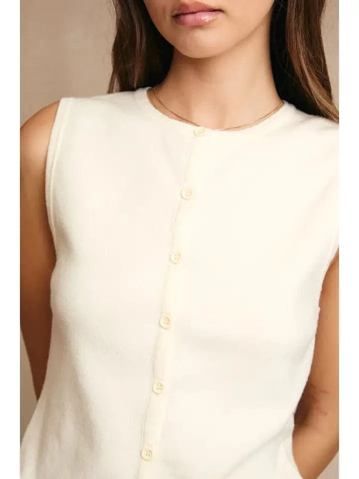White Button Up Sleeveless Knit Top