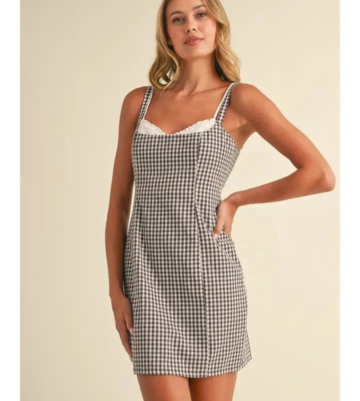 Brown Checkered Sweetheart Mini Dress