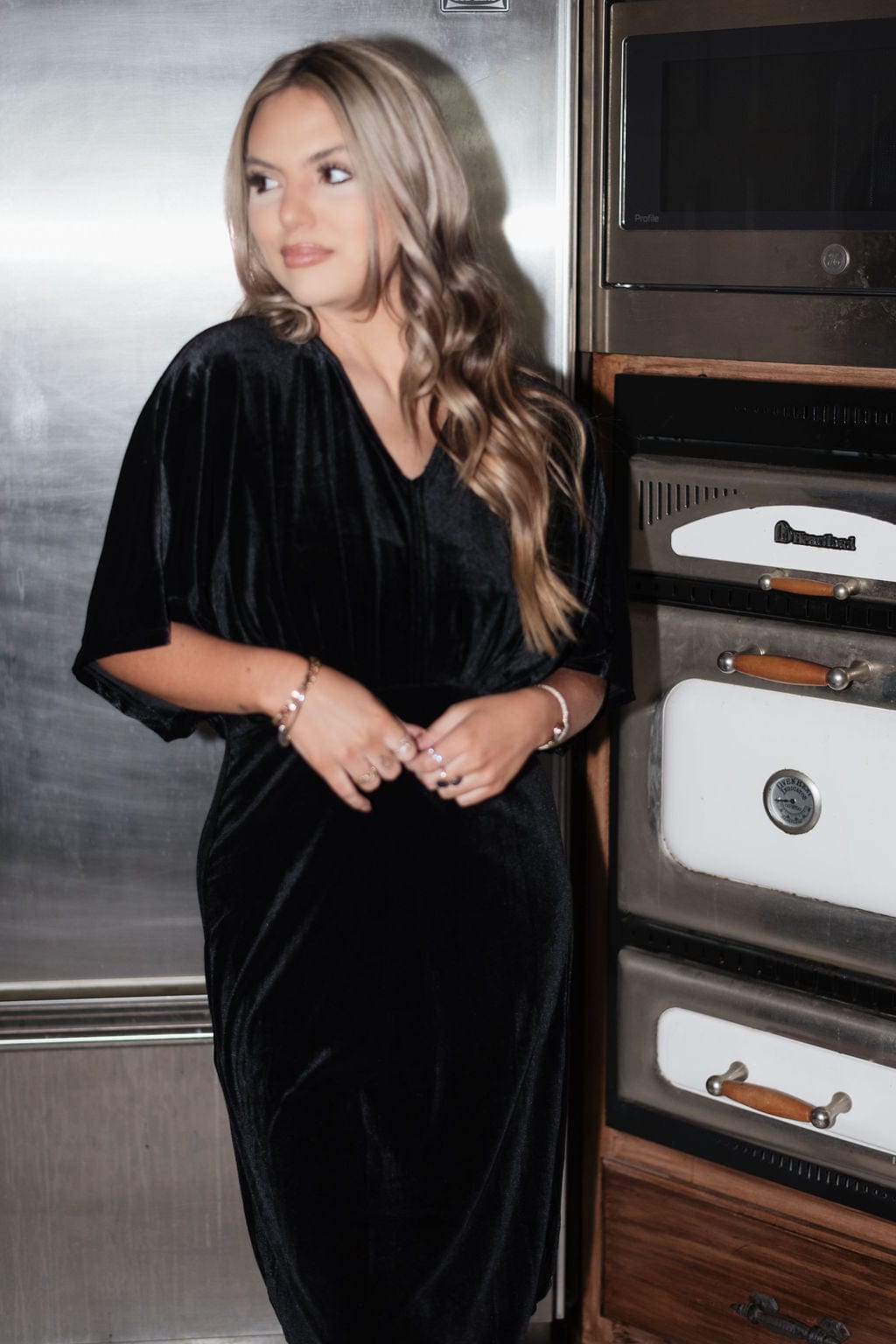 Black Velvet Kimono Sleeve Midi Dress - Image 5