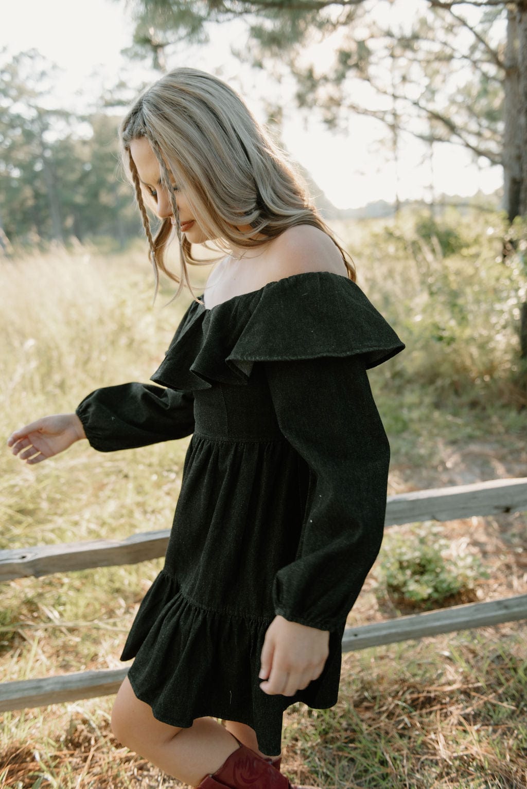 Black Wash Ruffle Denim Dress - Image 4