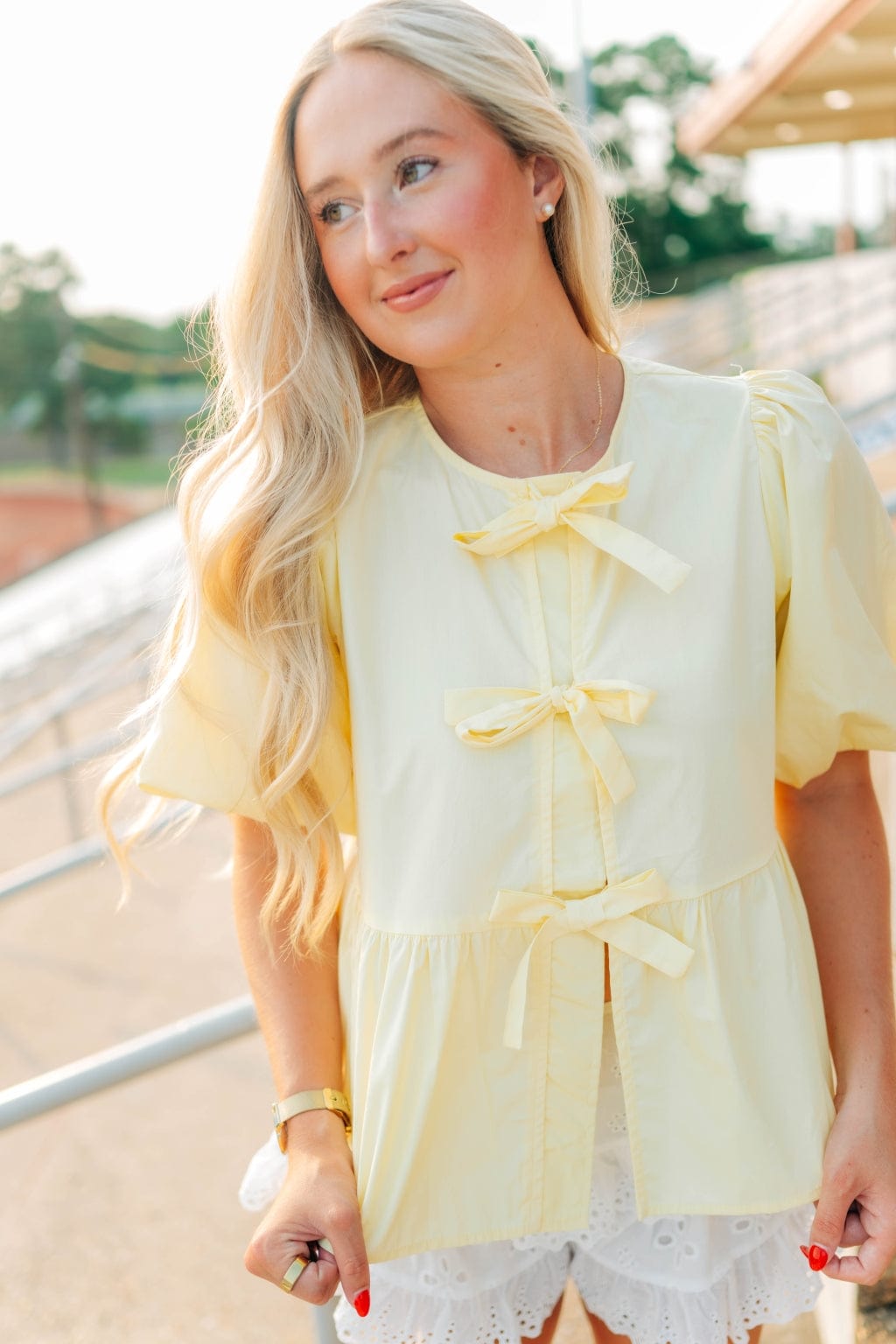 Yellow Bow Front Peplum Blouse - Image 4