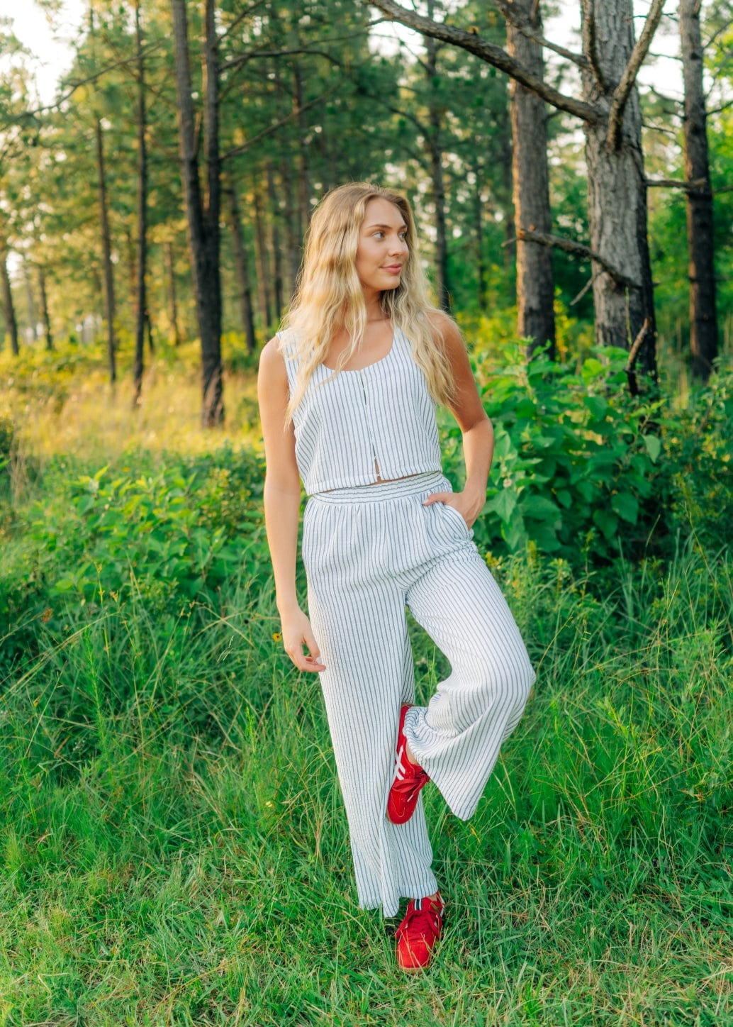 Blue Striped Flowy Pant Set