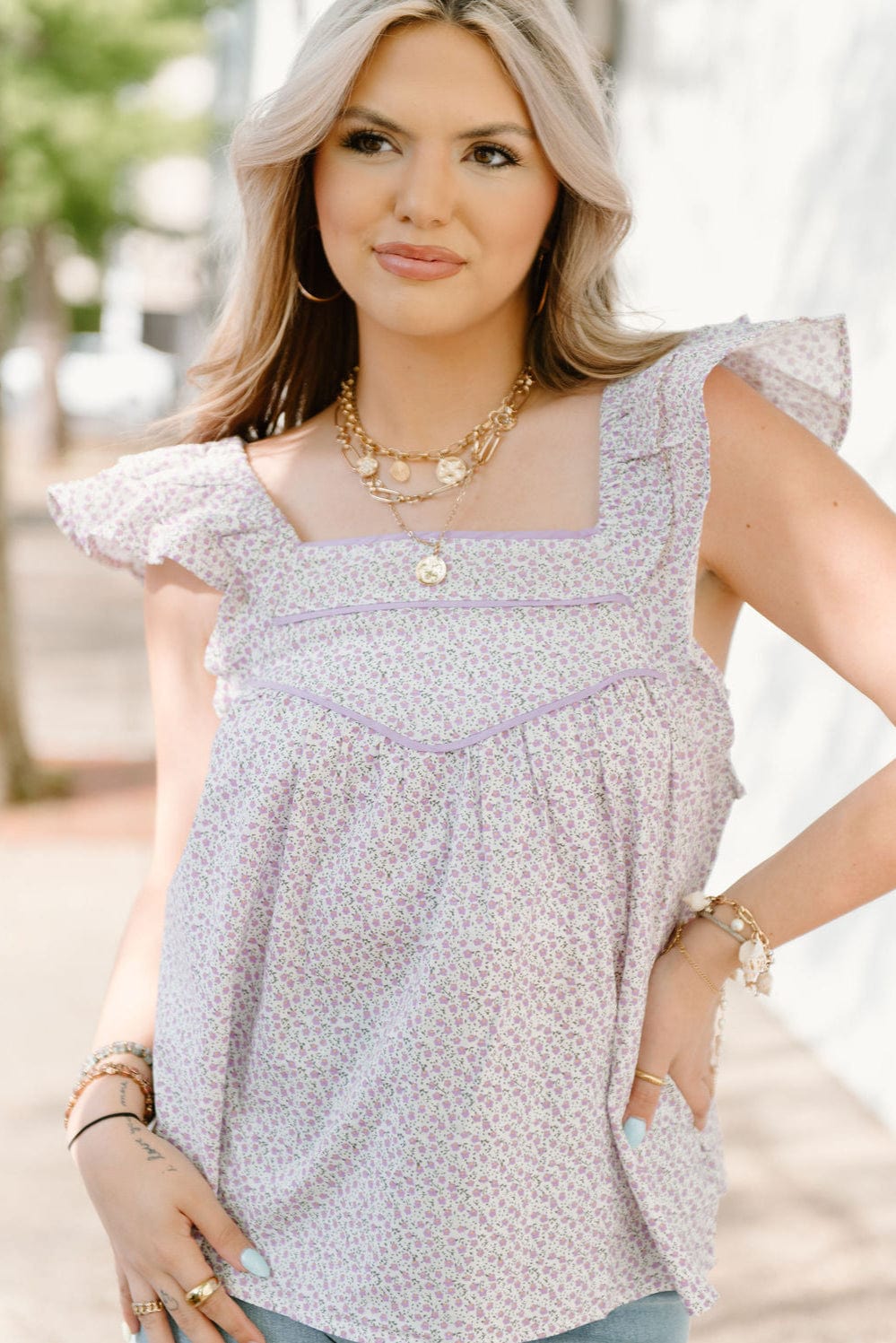 Lavender Floral Piping Accent Blouse