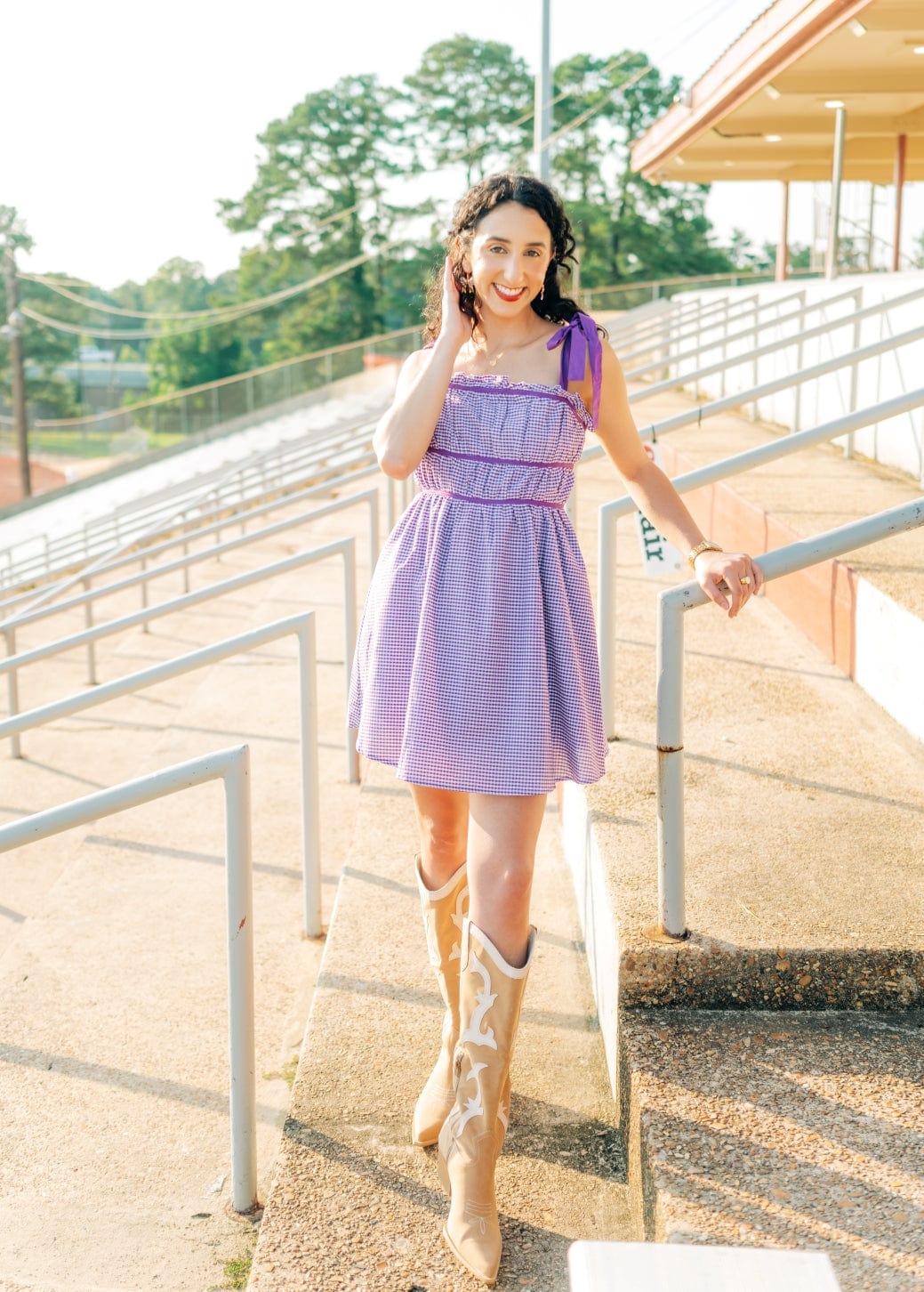 Purple Plaid Shoulder Tie Mini Dress