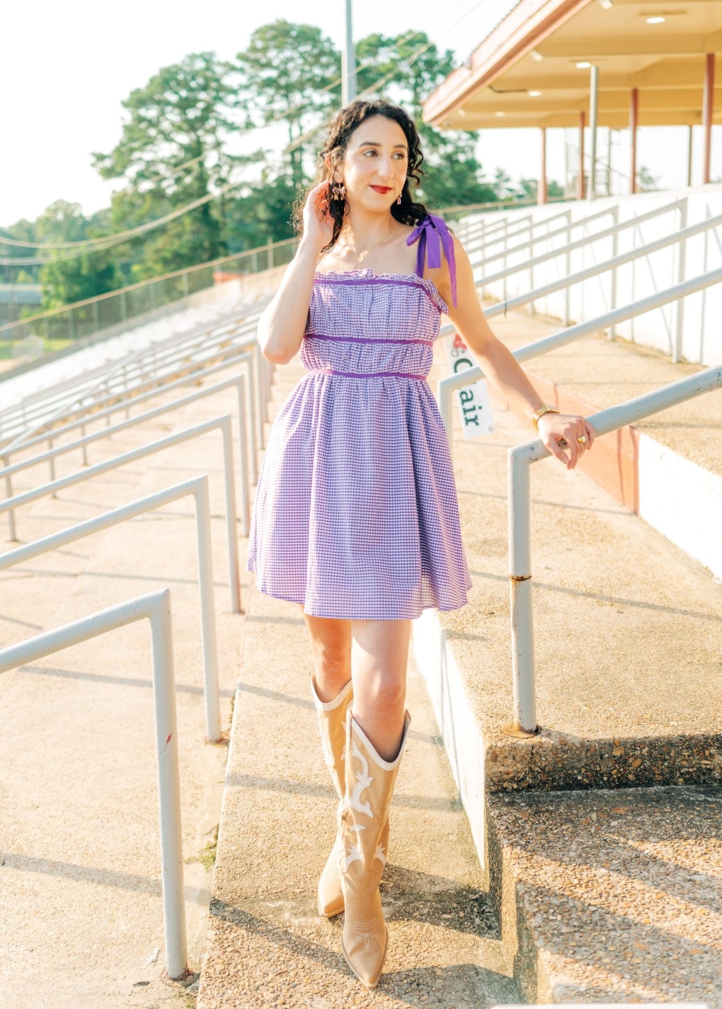 Purple Plaid Shoulder Tie Mini Dress - Image 5