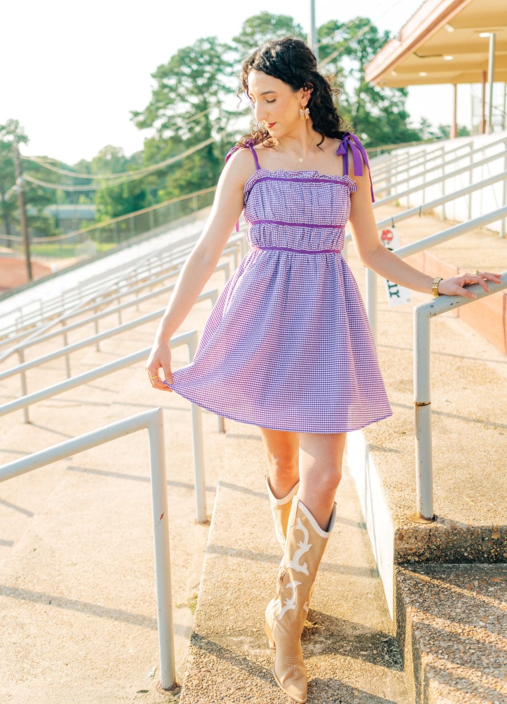 Purple Plaid Shoulder Tie Mini Dress - Image 6