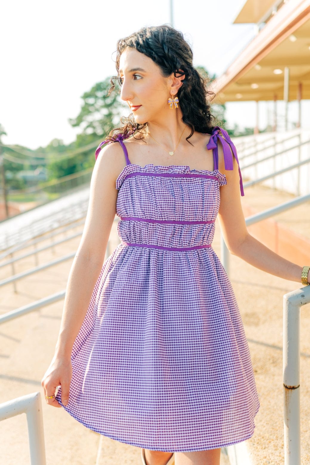 Purple Plaid Shoulder Tie Mini Dress - Image 3