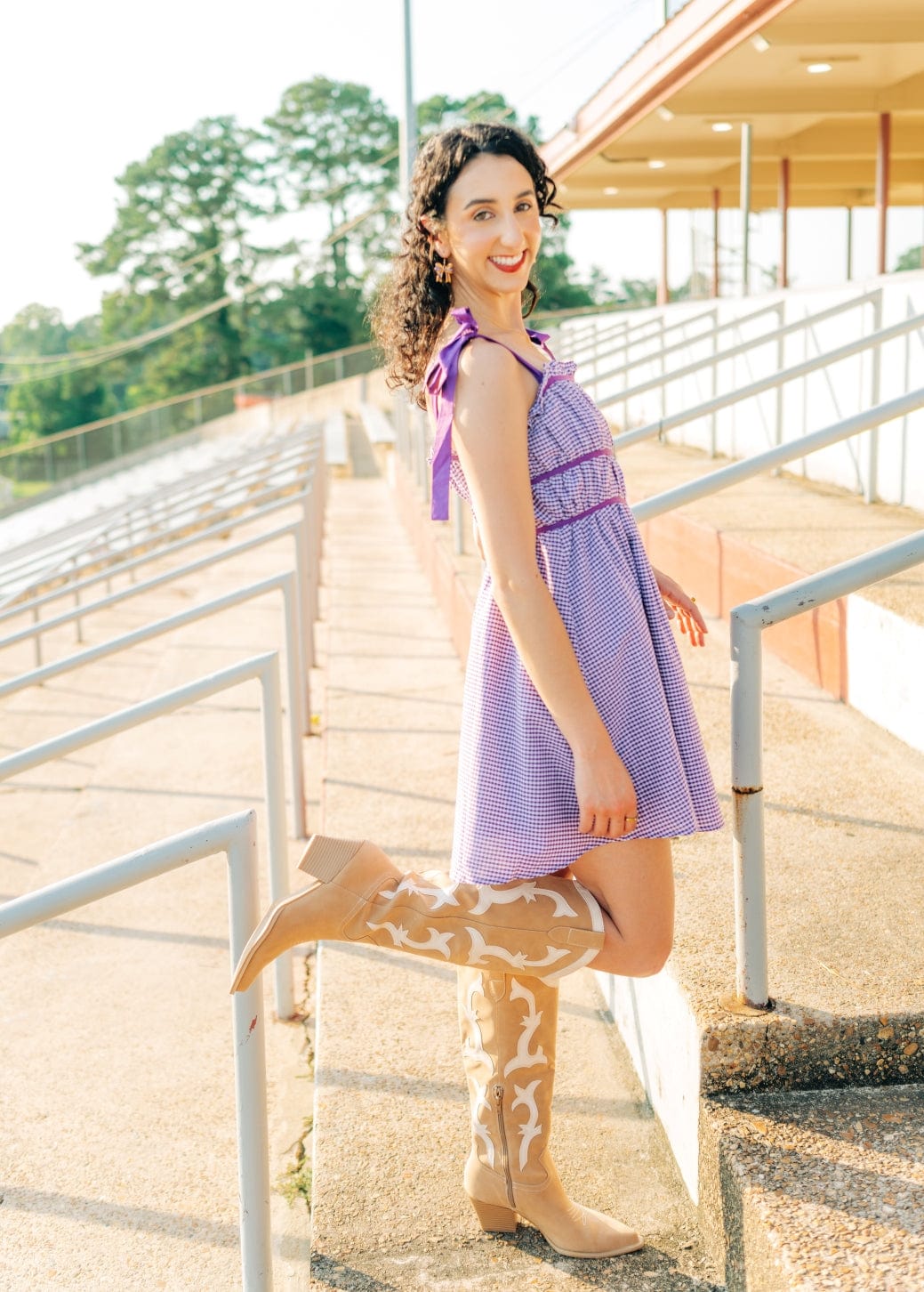 Purple Plaid Shoulder Tie Mini Dress - Image 4