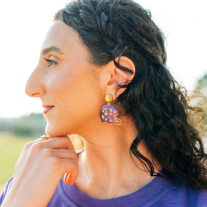 Purple & Gold Rhinestone Helmet Earrings