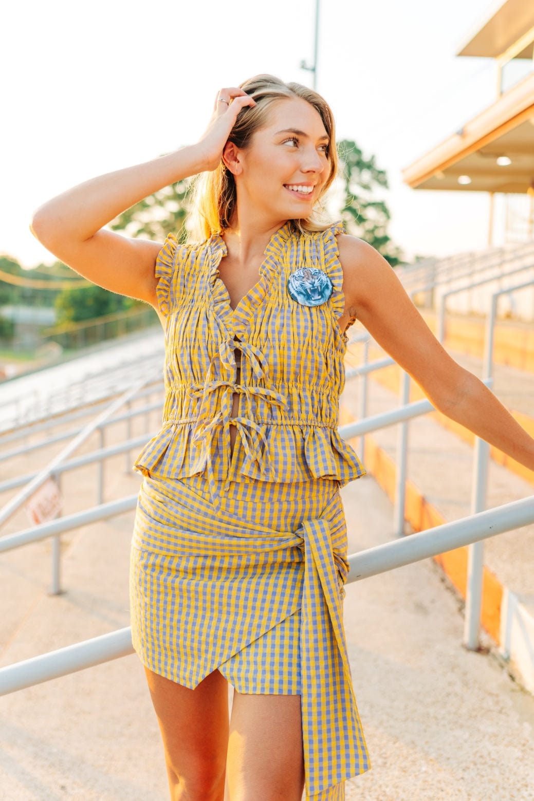 Yellow Gingham Smocked Tie Front Top