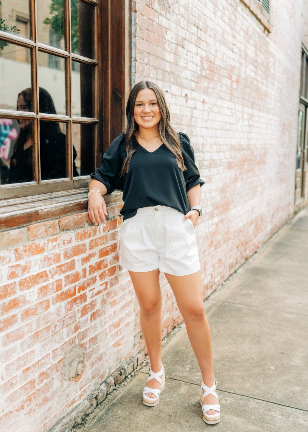 Black V-Neck Balloon Sleeve Blouse - Image 4