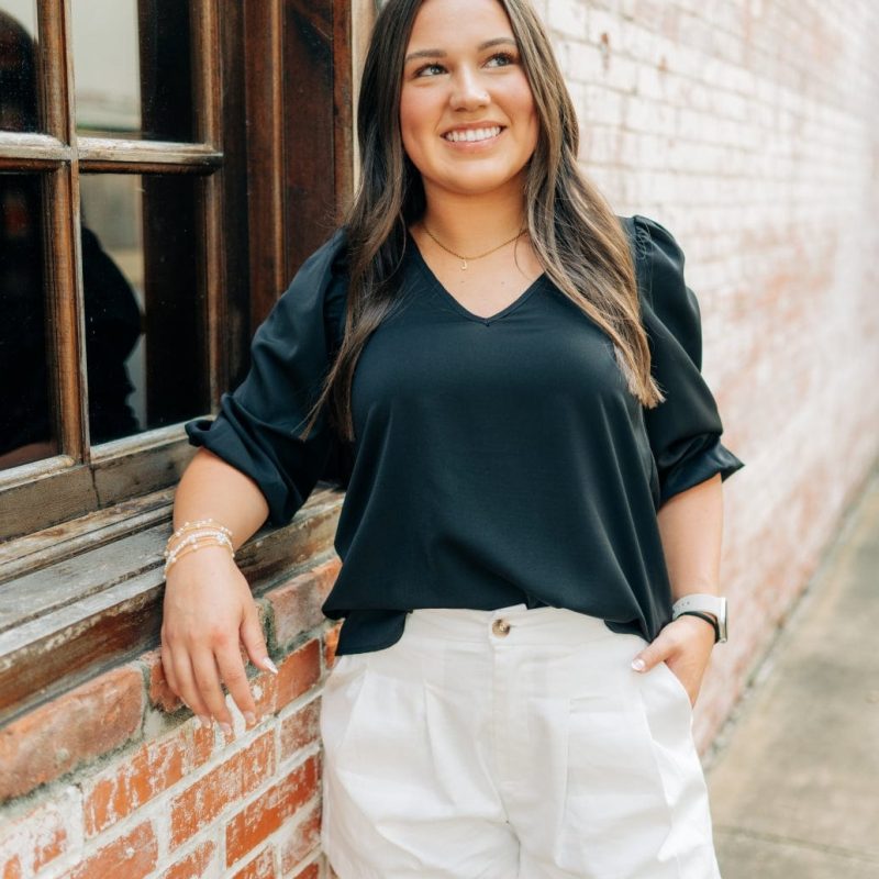 Black V-Neck Balloon Sleeve Blouse