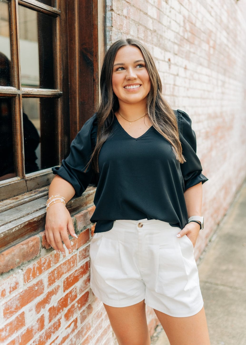 Black V-Neck Balloon Sleeve Blouse