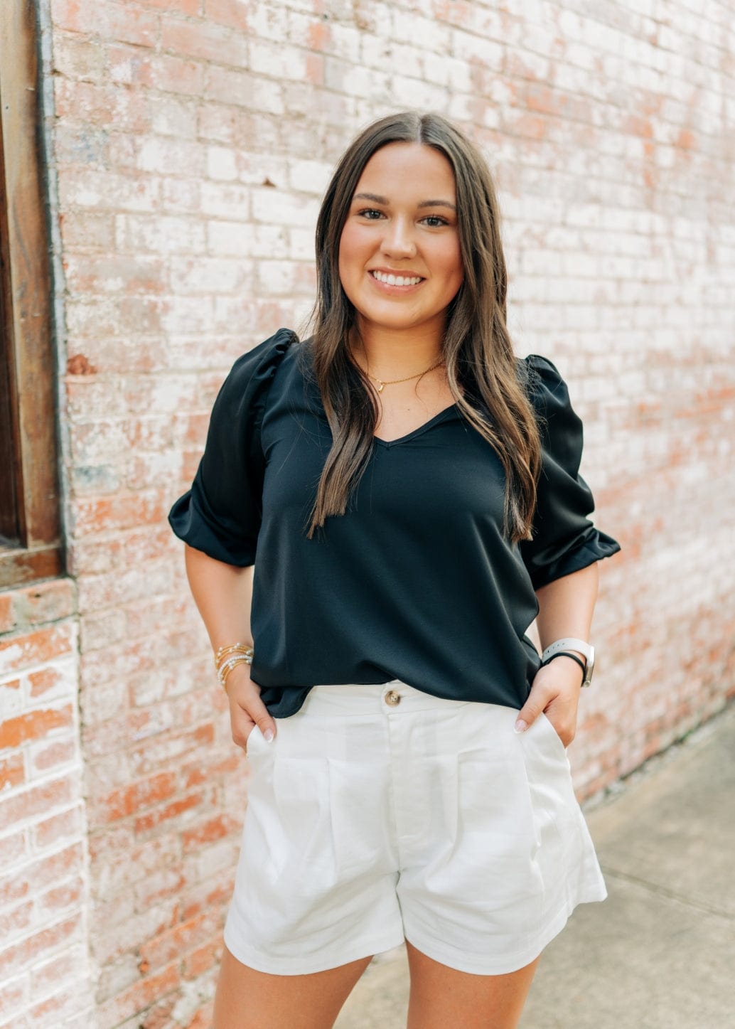 Black V-Neck Balloon Sleeve Blouse - Image 3