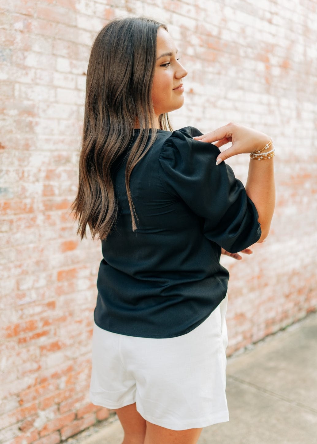 Black V-Neck Balloon Sleeve Blouse - Image 2