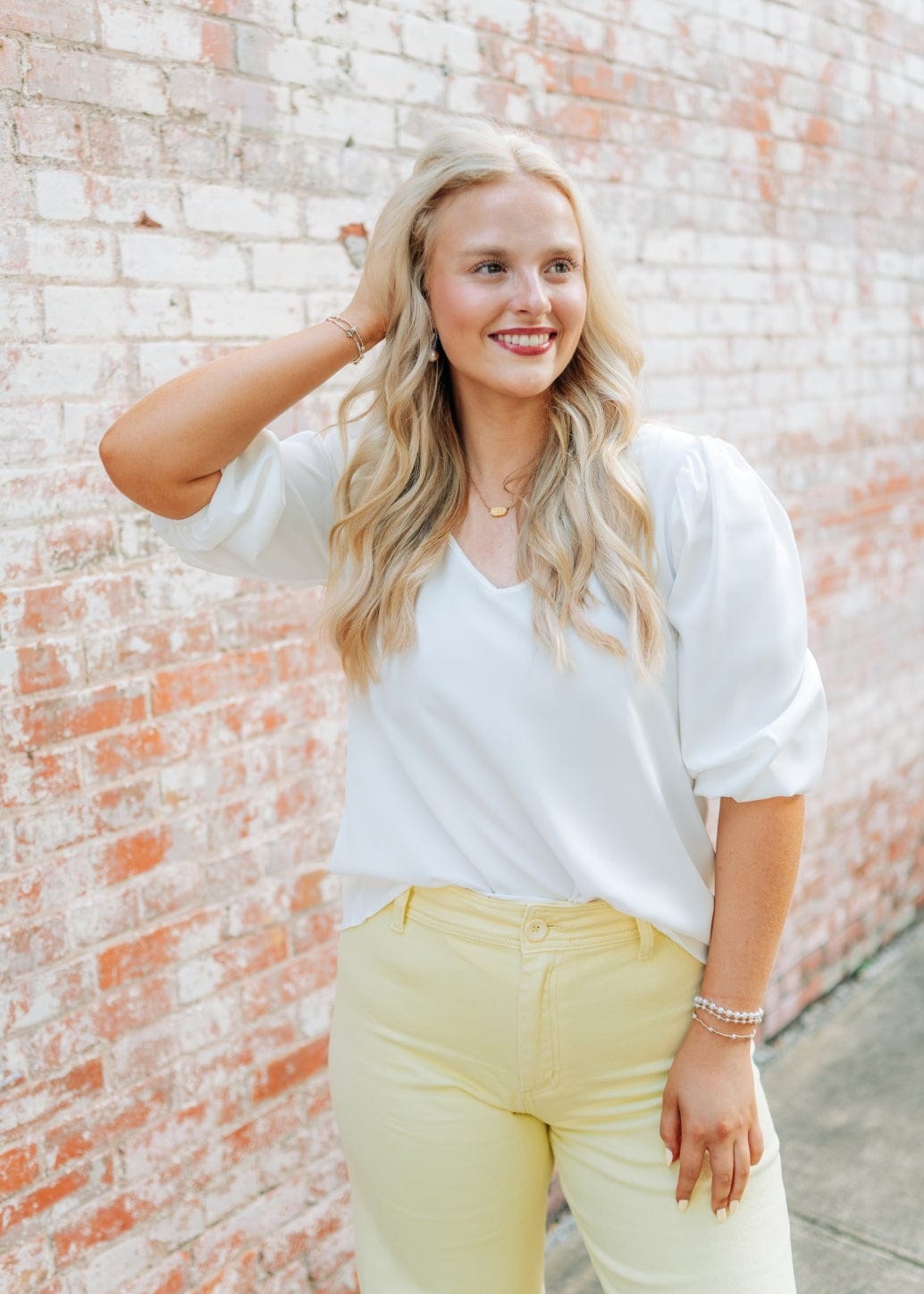 White V-Neck Balloon Sleeve Blouse