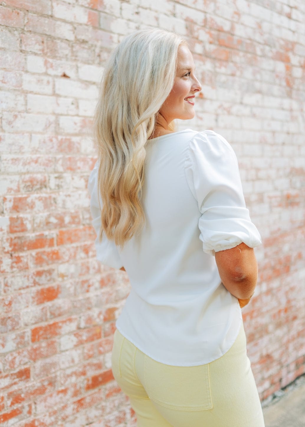 White V-Neck Balloon Sleeve Blouse - Image 2