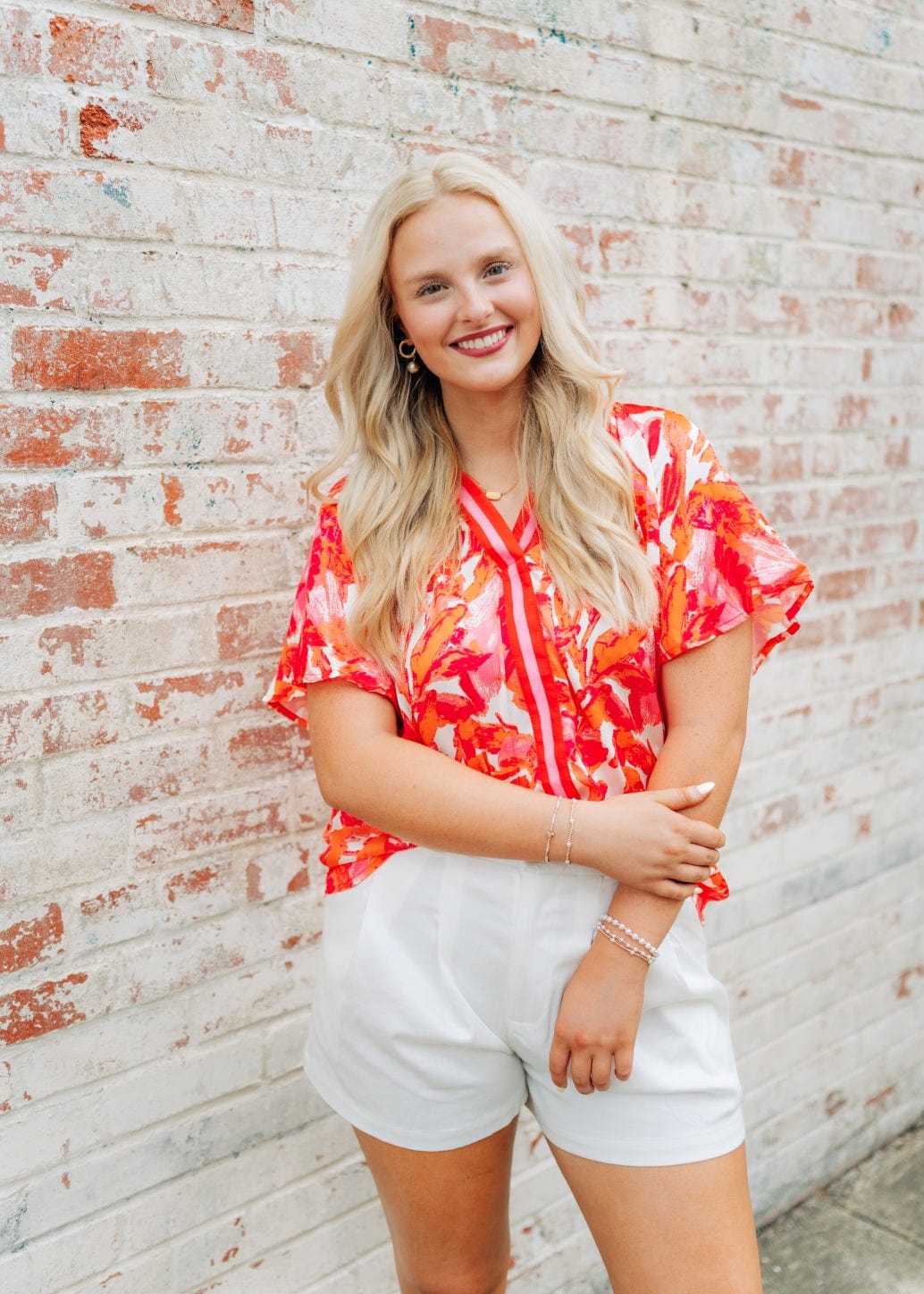 Hot Pink Print V-Neck Blouse - Image 4