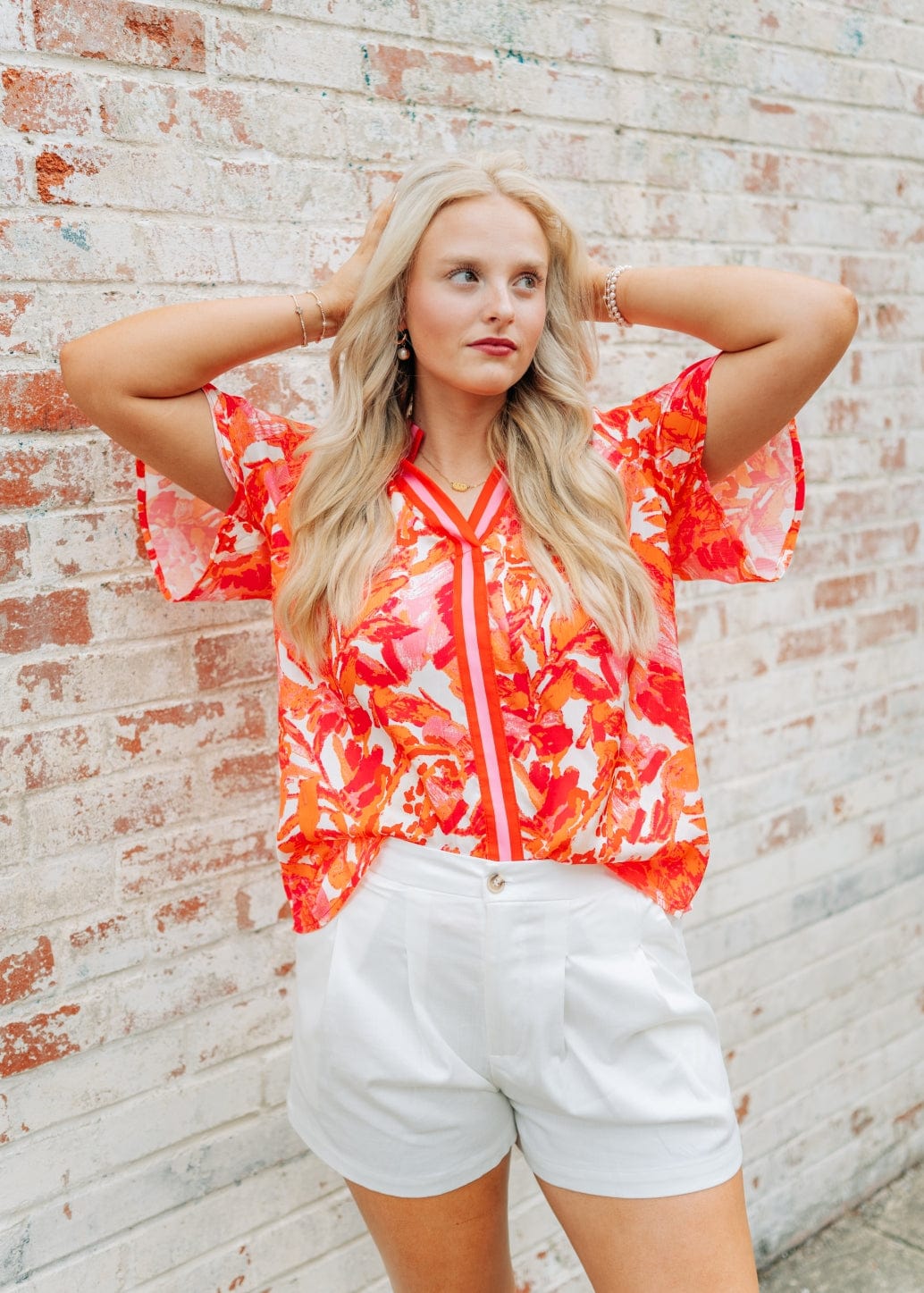 Hot Pink Print V-Neck Blouse - Image 3