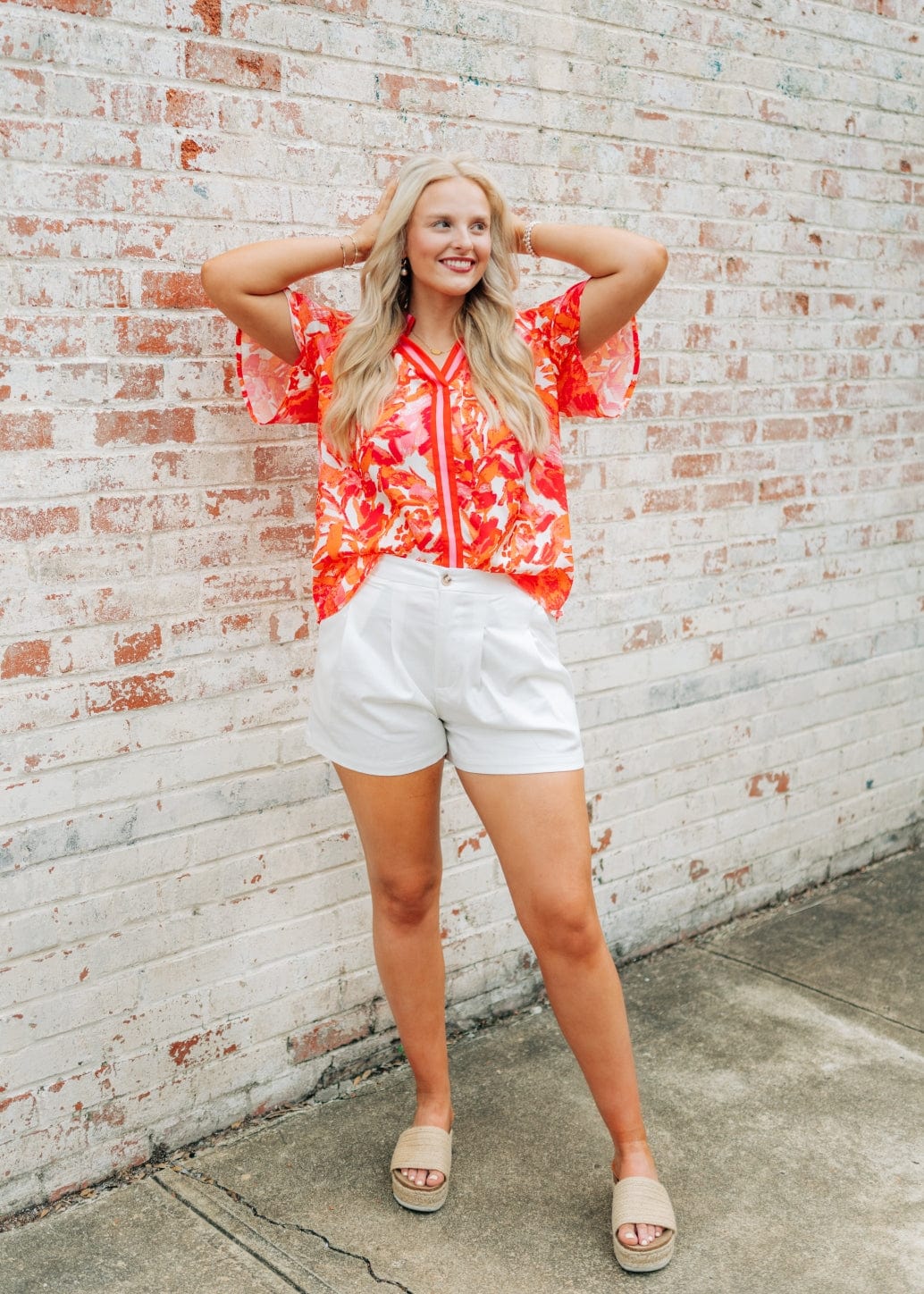 Hot Pink Print V-Neck Blouse - Image 5