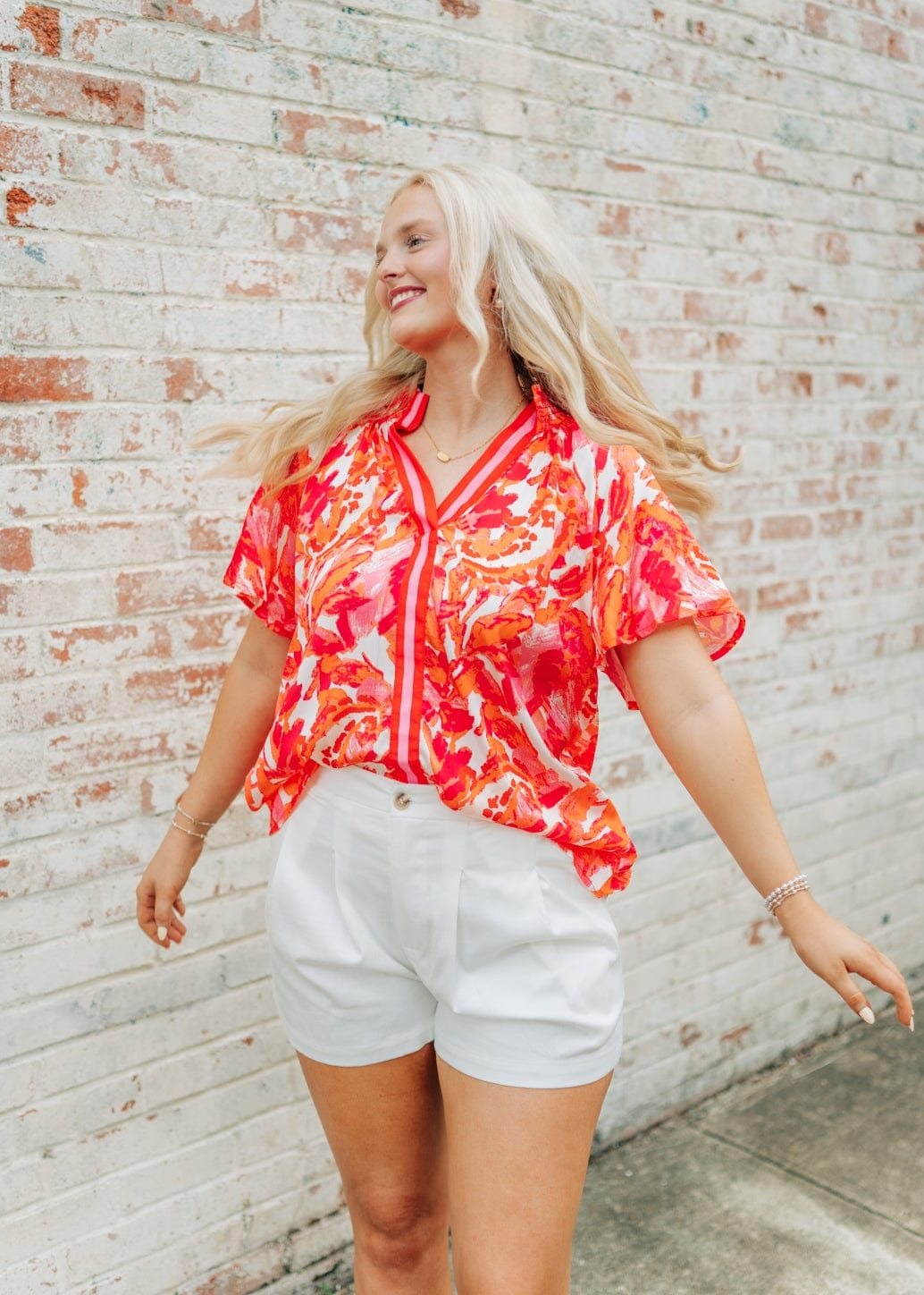 Hot Pink Print V-Neck Blouse - Image 6