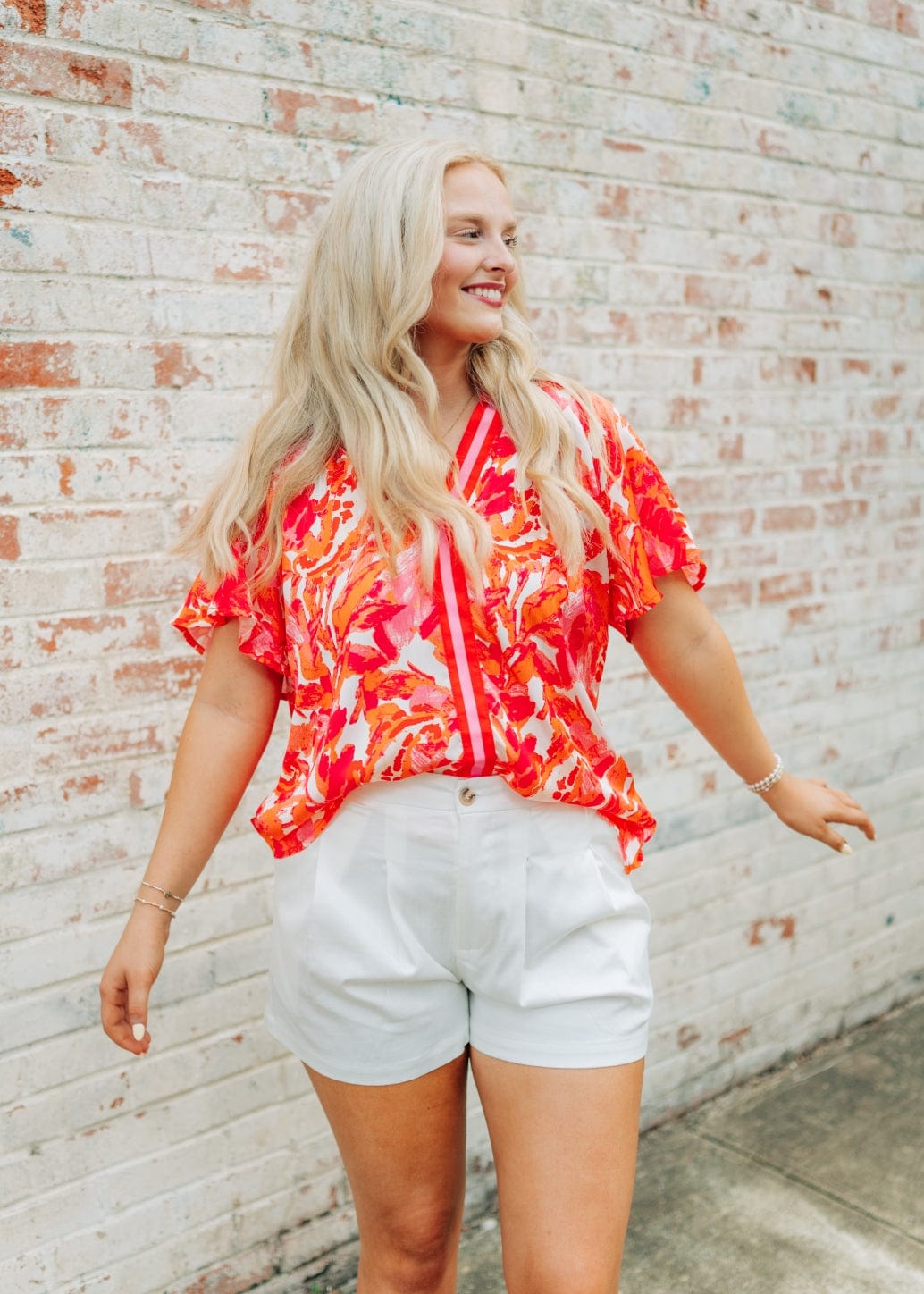 Hot Pink Print V-Neck Blouse