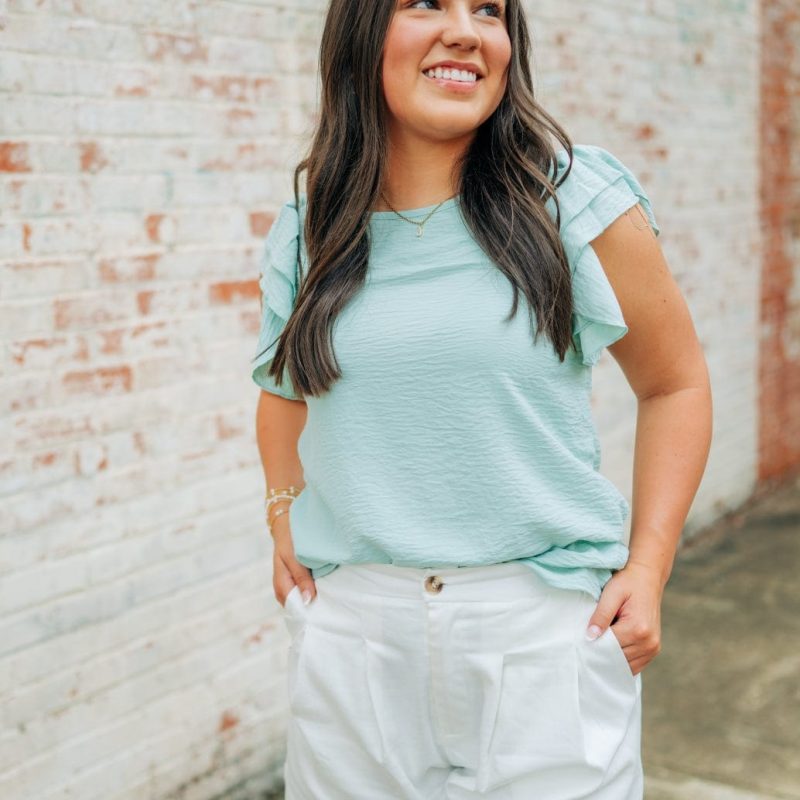 Sage Green Ruffle Short Sleeve Blouse
