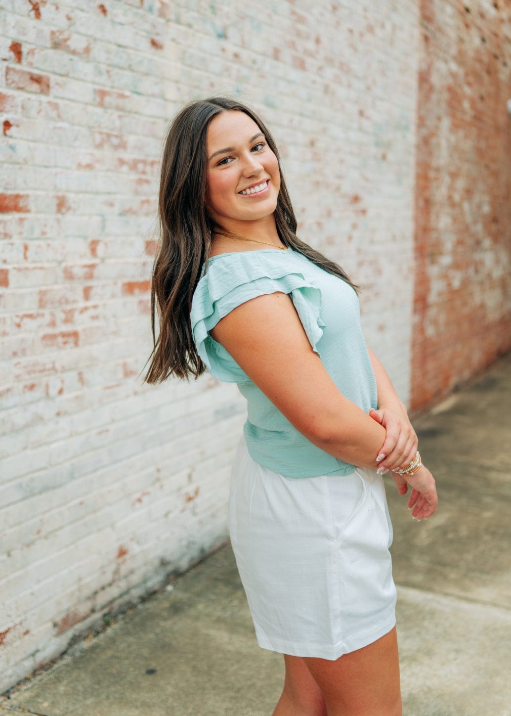 Sage Green Ruffle Short Sleeve Blouse - Image 3