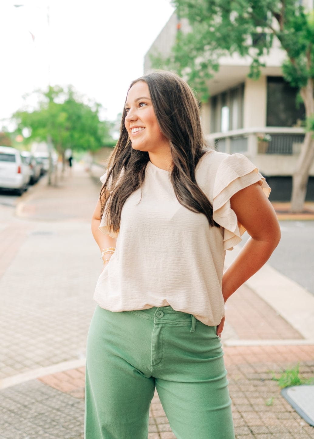 Beige Ruffle Short Sleeve Blouse