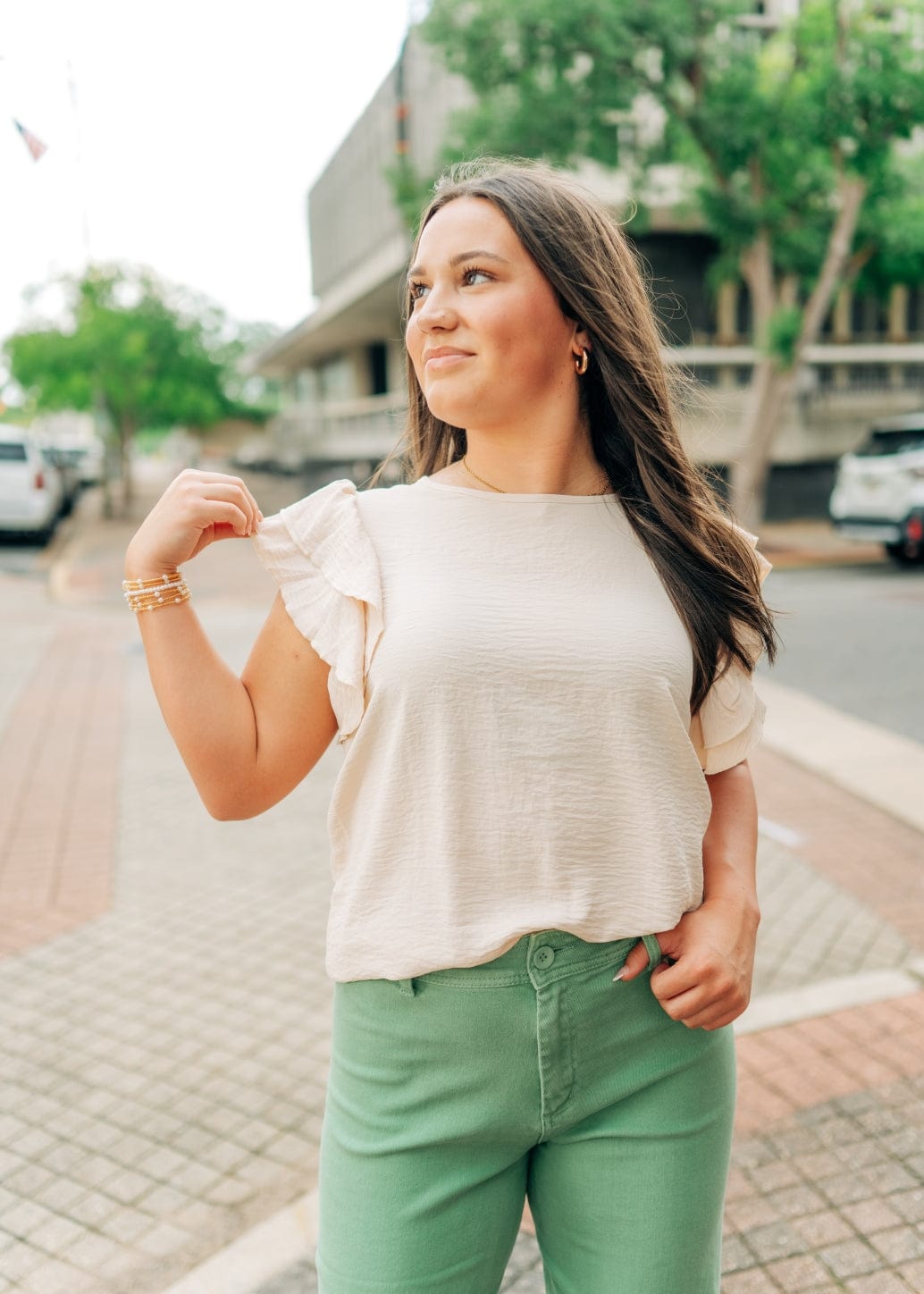 Beige Ruffle Short Sleeve Blouse - Image 4