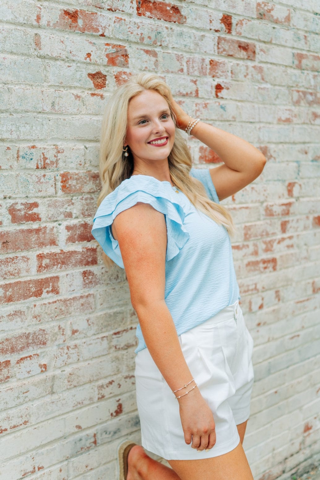 Baby Blue Ruffle Short Sleeve Blouse