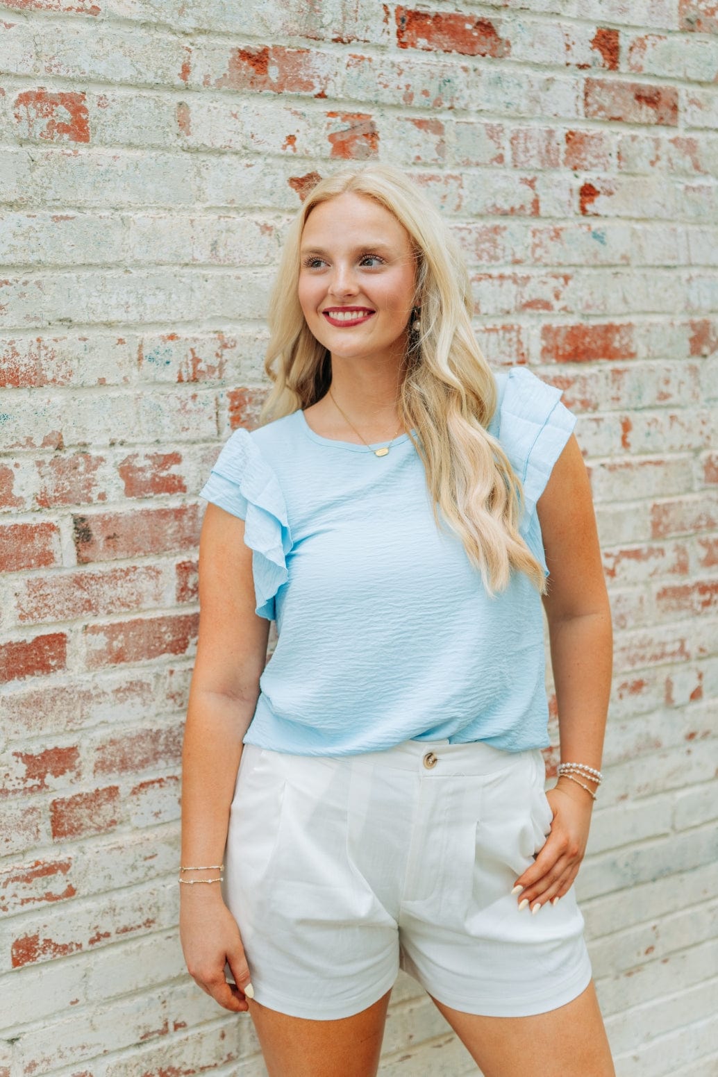 Baby Blue Ruffle Short Sleeve Blouse - Image 3