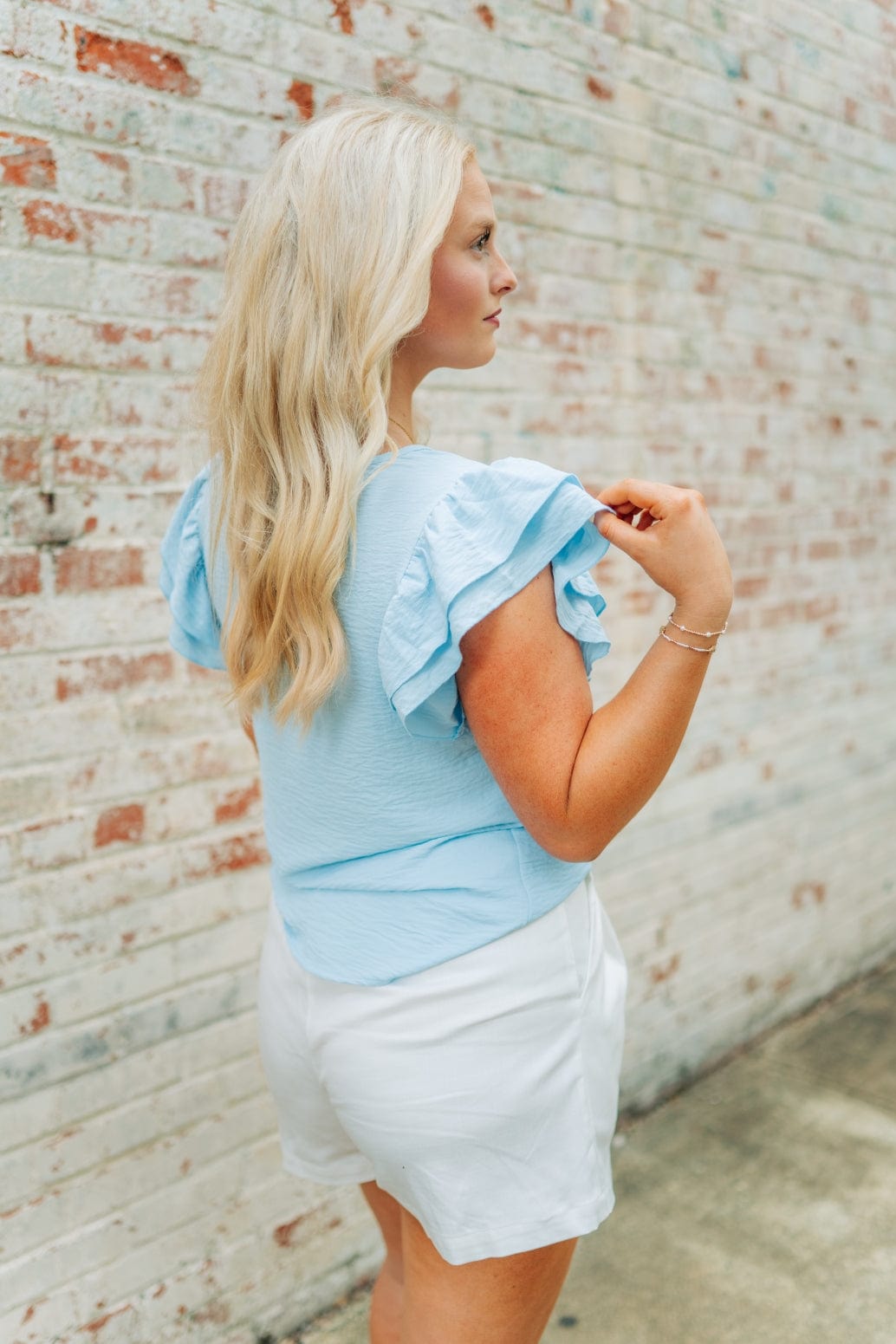 Baby Blue Ruffle Short Sleeve Blouse - Image 6