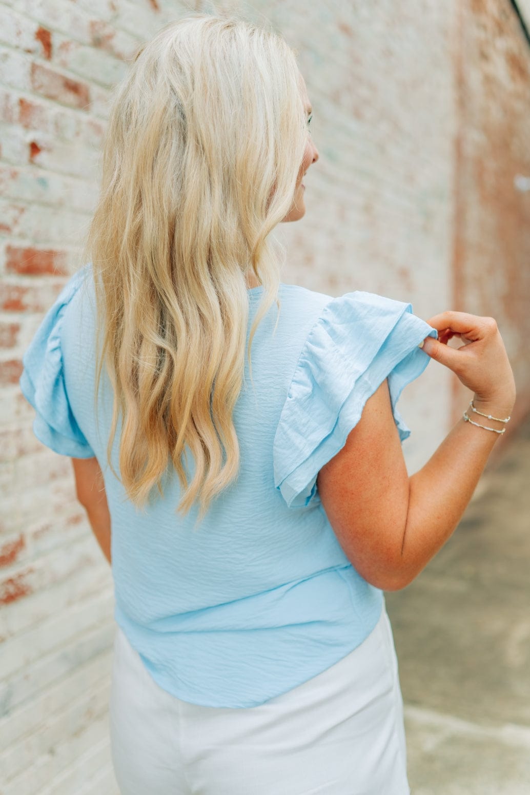 Baby Blue Ruffle Short Sleeve Blouse - Image 2
