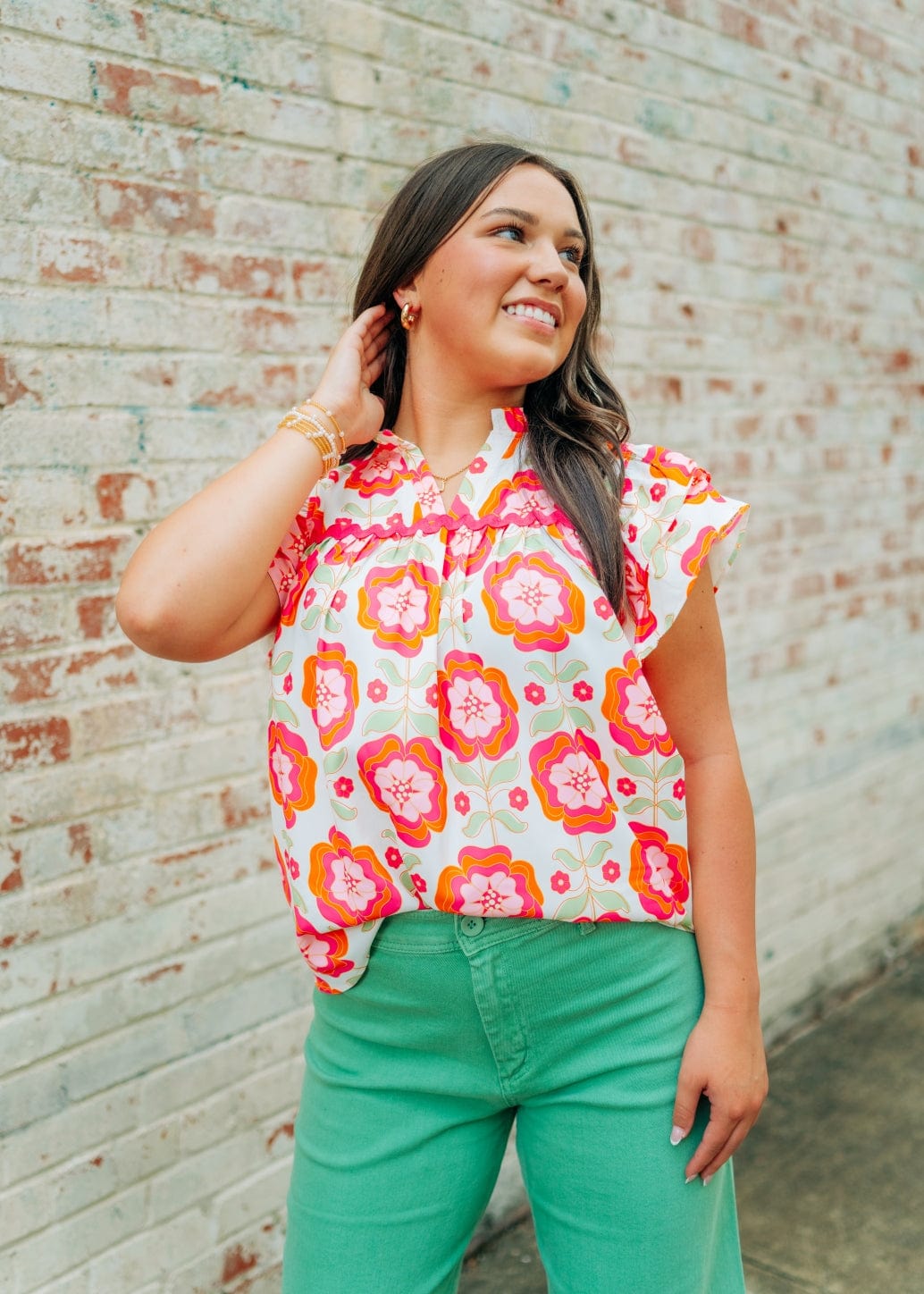 Pink Floral Ruffle Sleeve Blouse