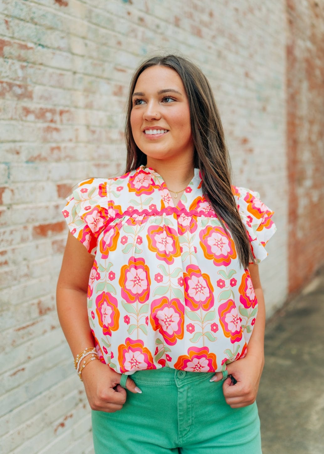 Pink Floral Ruffle Sleeve Blouse - Image 3