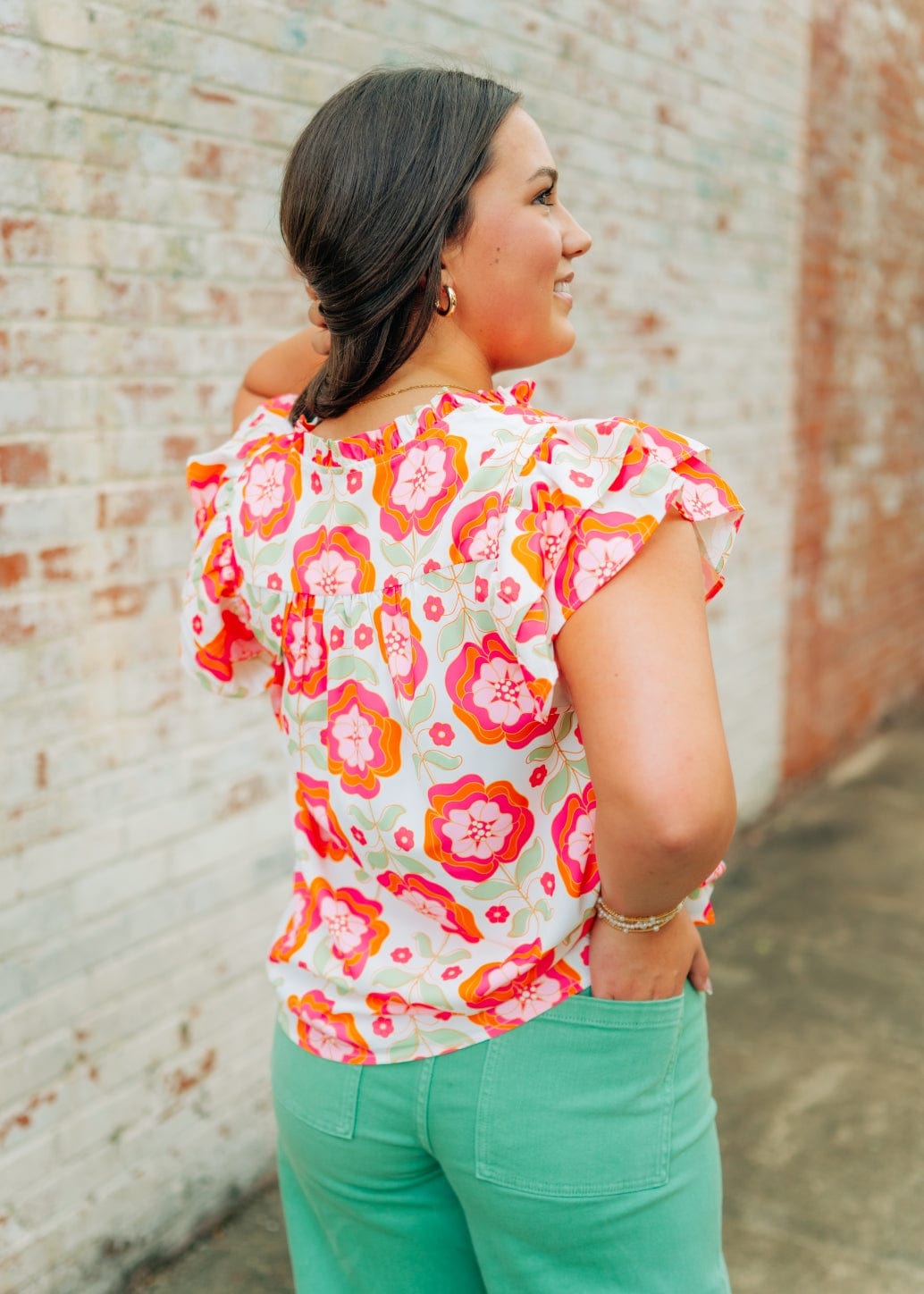 Pink Floral Ruffle Sleeve Blouse - Image 2