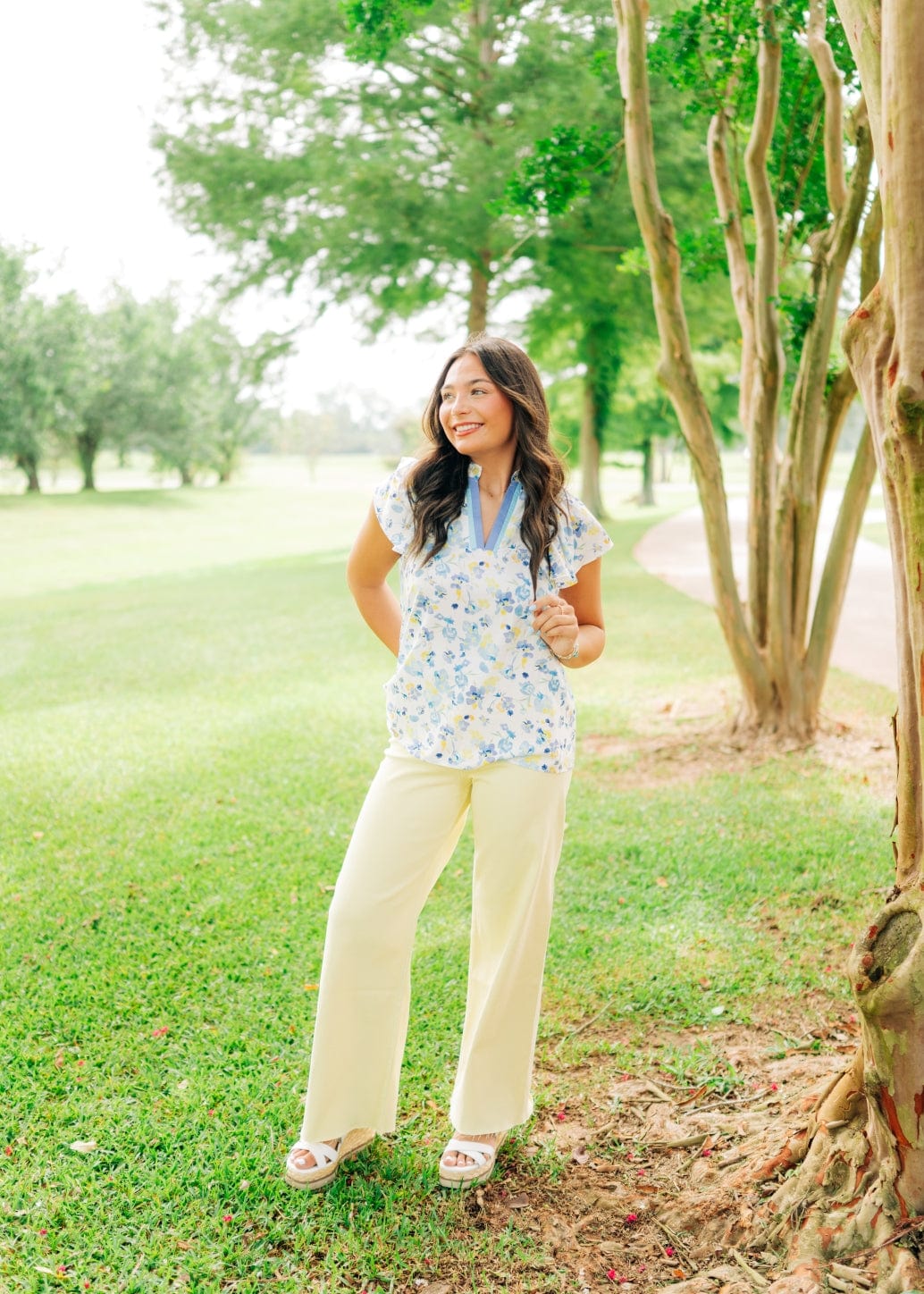 Blue & Yellow Floral V-Neck Blouse - Image 3