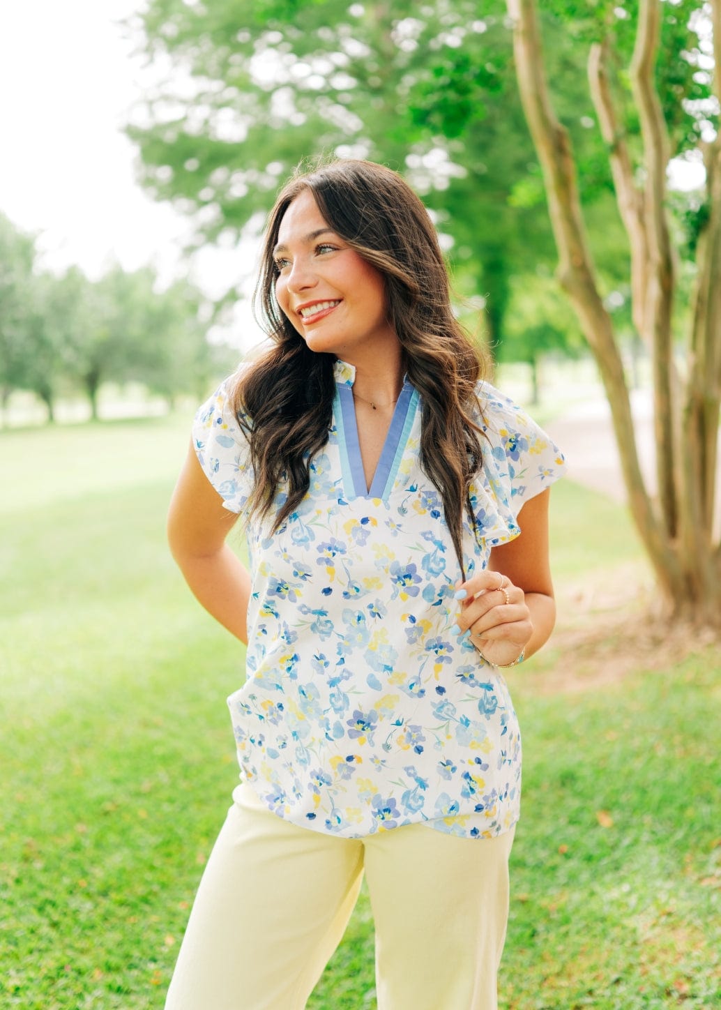 Blue & Yellow Floral V-Neck Blouse