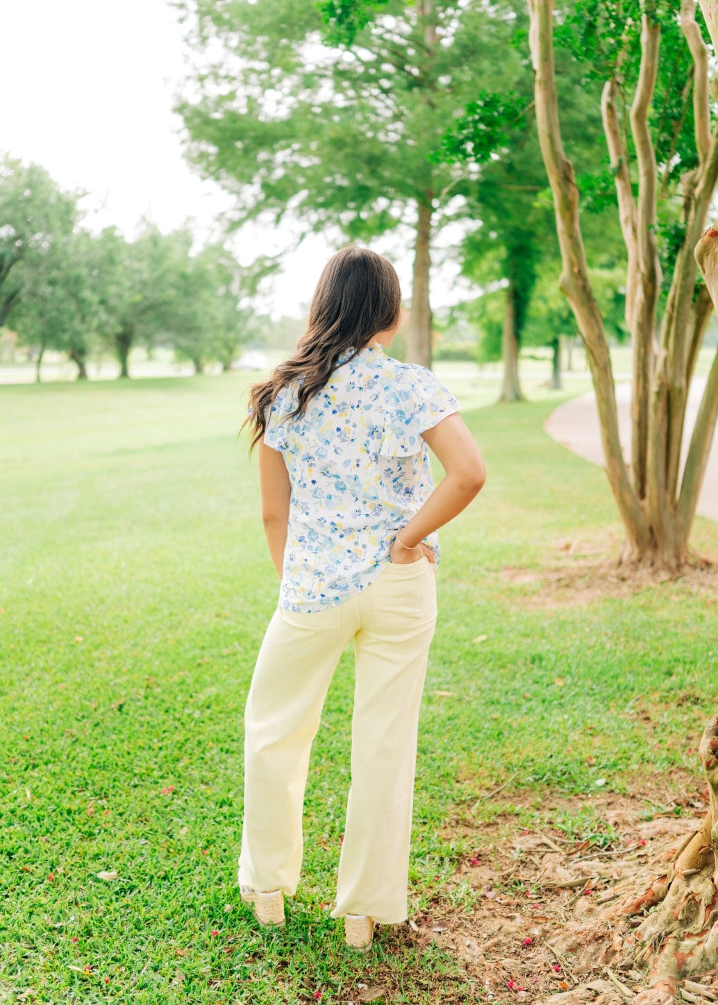 Blue & Yellow Floral V-Neck Blouse - Image 6