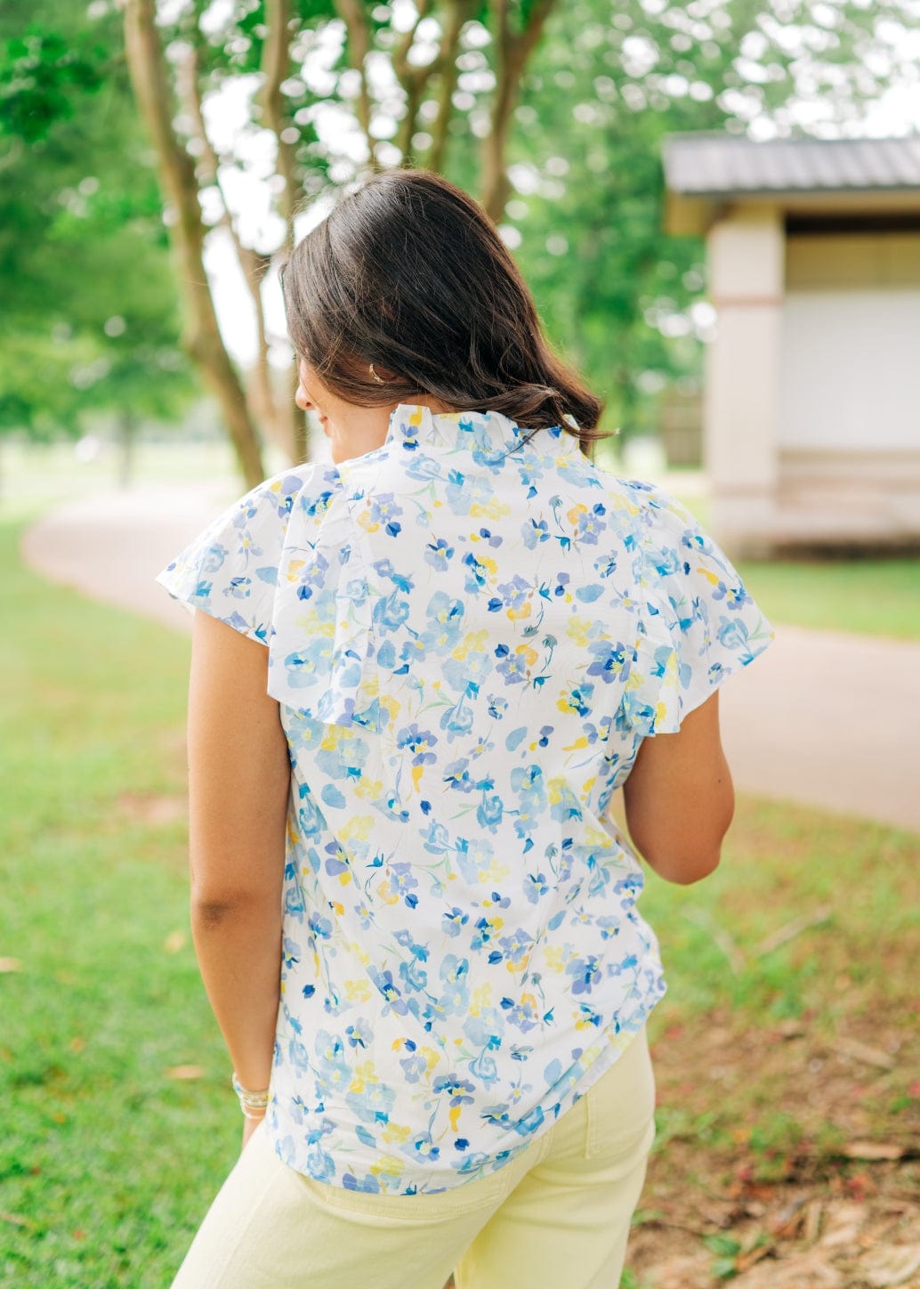 Blue & Yellow Floral V-Neck Blouse - Image 2