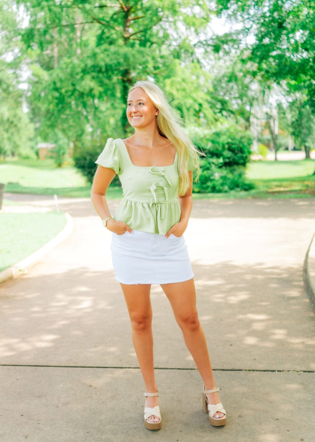 Kiwi Bow Puff Sleeve Peplum Top - Image 6