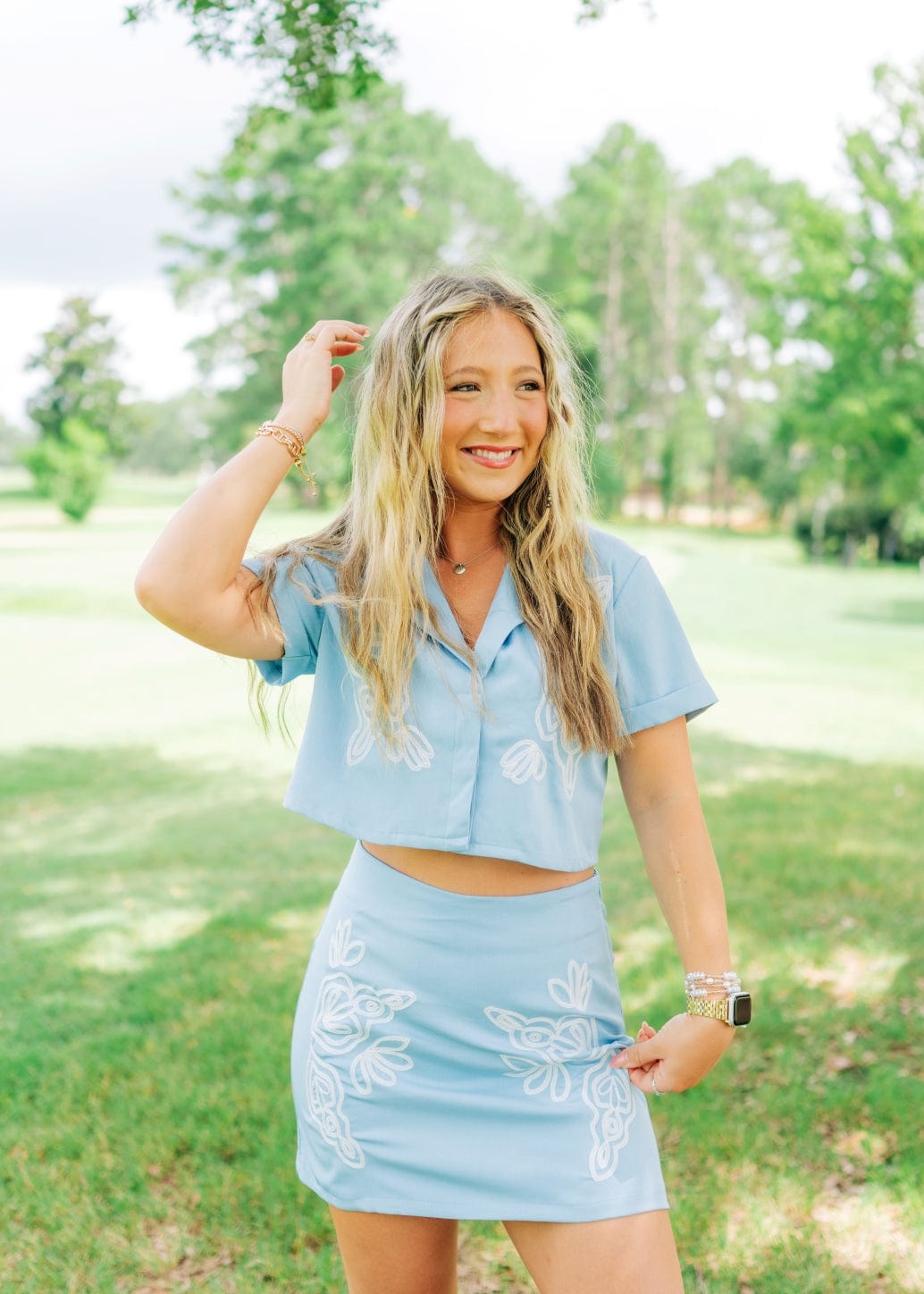 Blue Embroidered Blouse & Skirt Set