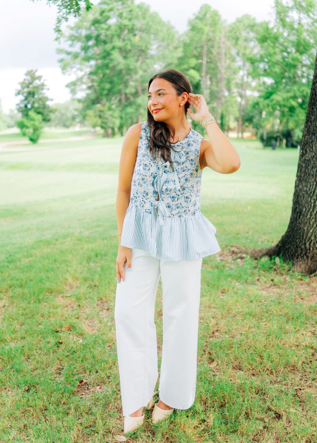 Blue Floral & Stripe Peplum Bow Top - Image 6