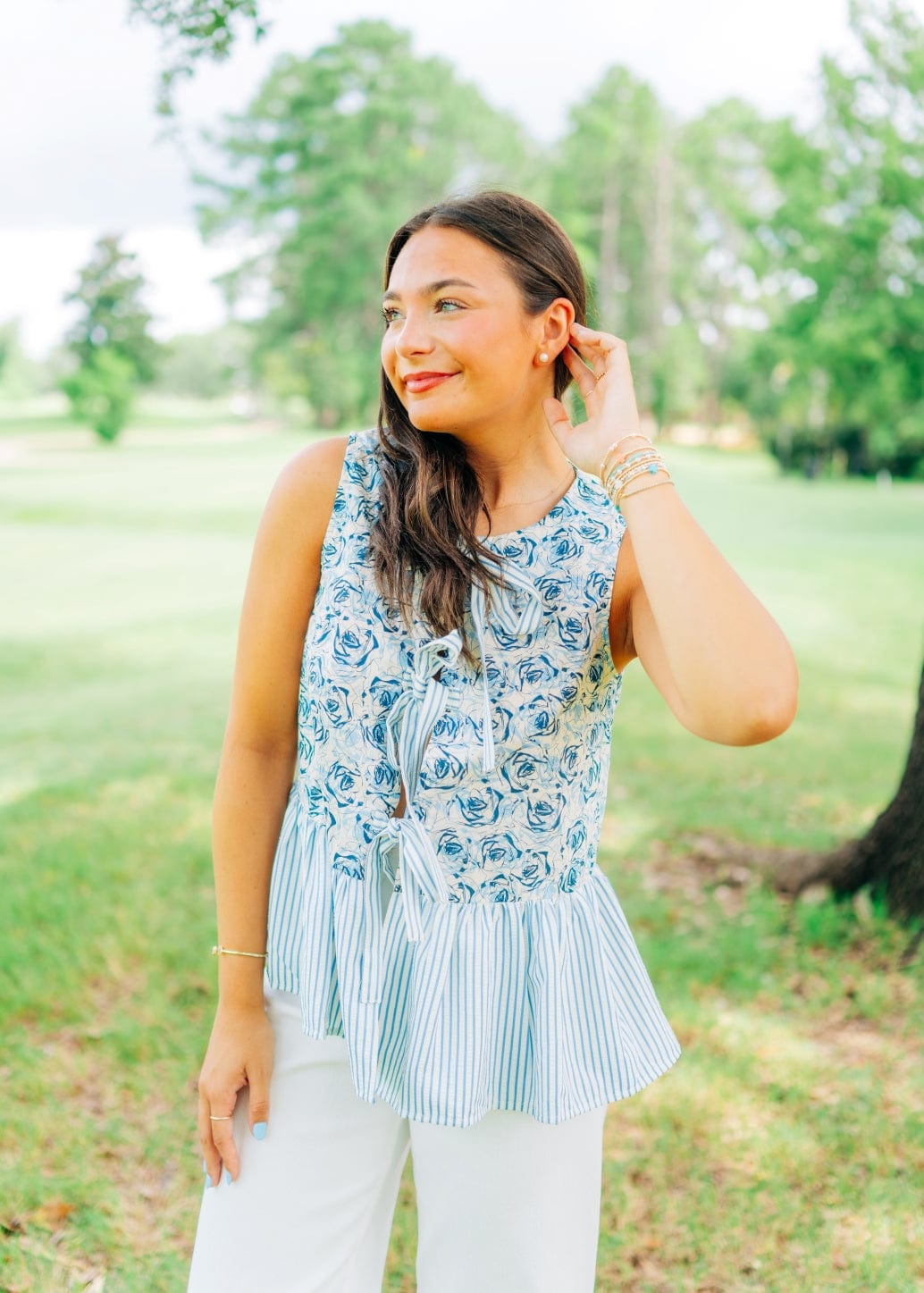 Blue Floral & Stripe Peplum Bow Top