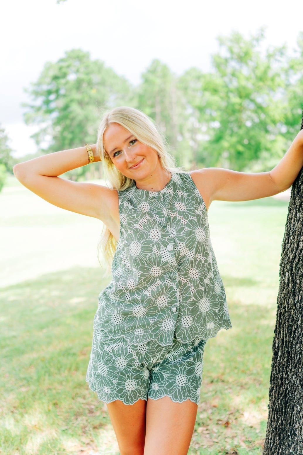 Green Eyelet Vest & Shorts Set