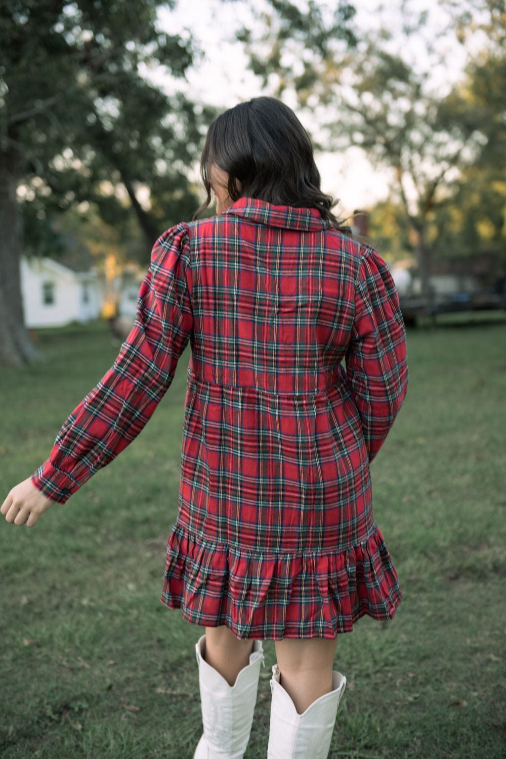 Red Plaid Tiered Shirt Dress - Image 2