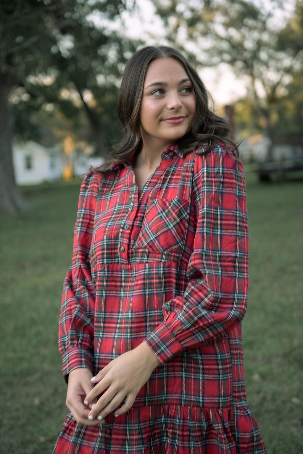 Red Plaid Tiered Shirt Dress - Image 3