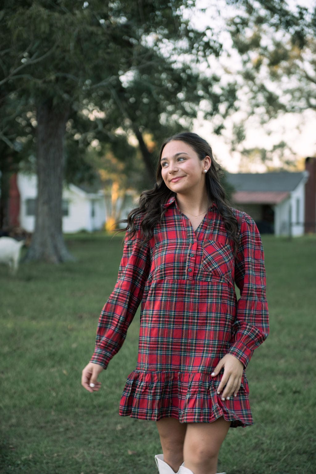 Red Plaid Tiered Shirt Dress - Image 4